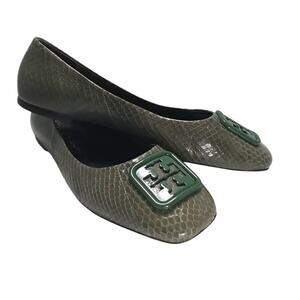 Tory Burch Olive Green Snake-Embossed Logo Ballet Flats